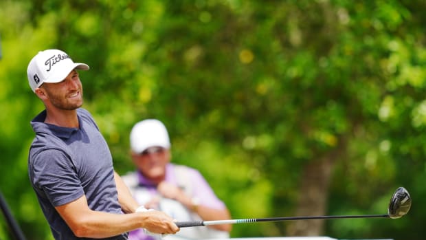 Apr 24, 2022; Avondale, Louisiana, USA; Wyndham Clark reacts after a shot on the 11th tee during the final round of the Zurich Classic of New Orleans golf tournament. Mandatory Credit: Andrew Wevers-USA TODAY Sports